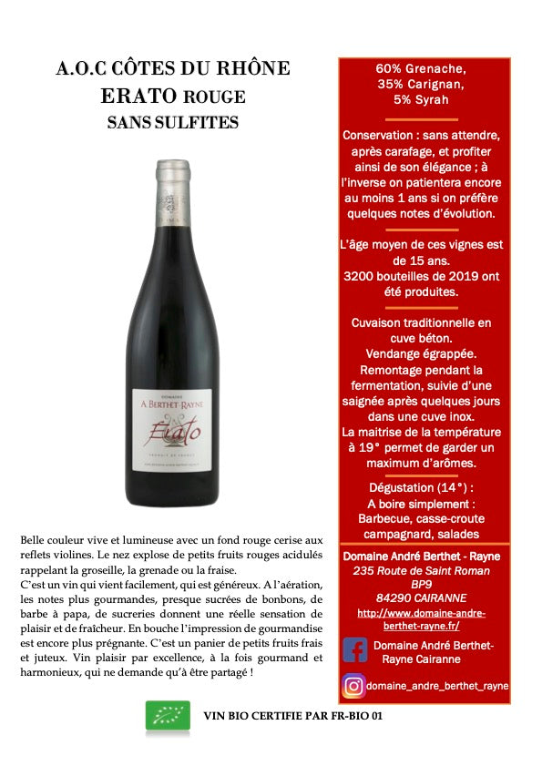 Berthet-Rayne - ERATO rouge sans sulfite ajouté bio