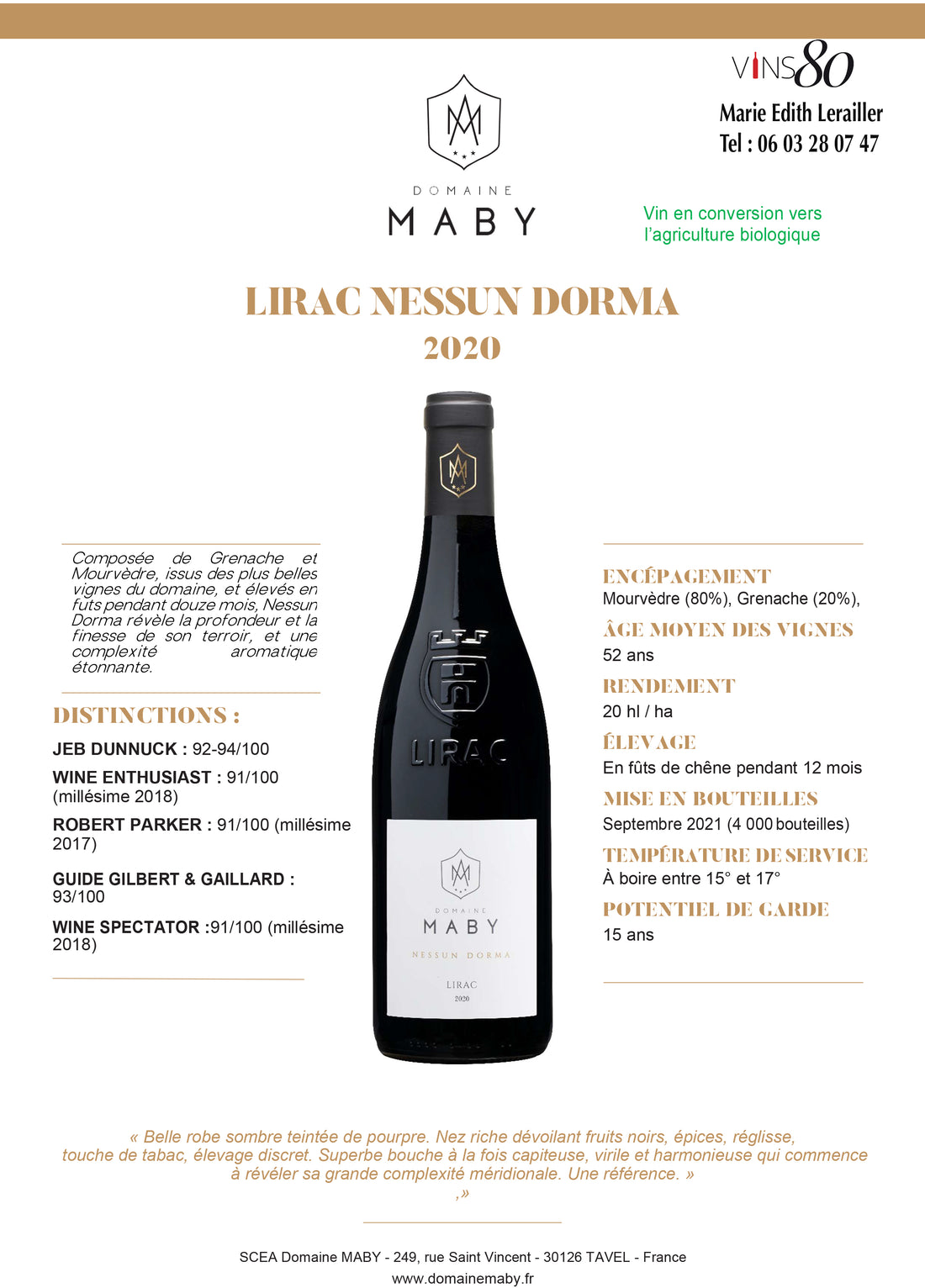 Domaine Maby - LIRAC Rouge  NESSUM DORMA