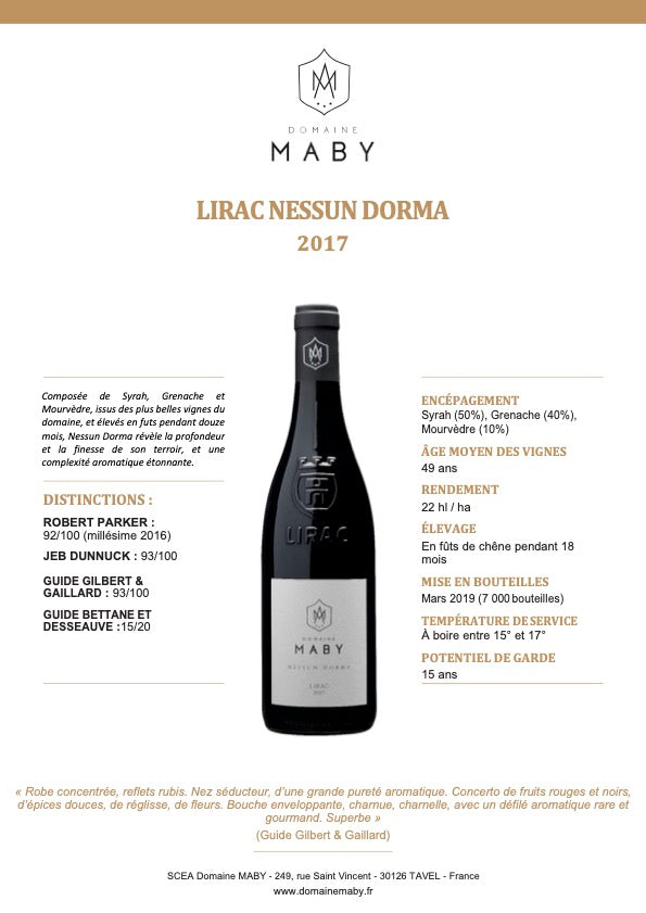 Domaine Maby - LIRAC Rouge  NESSUM DORMA